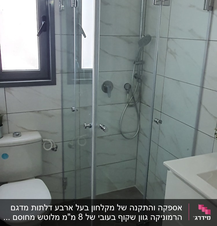 מקלחון זכוכית עם ראש מקלחת וכיור לידו